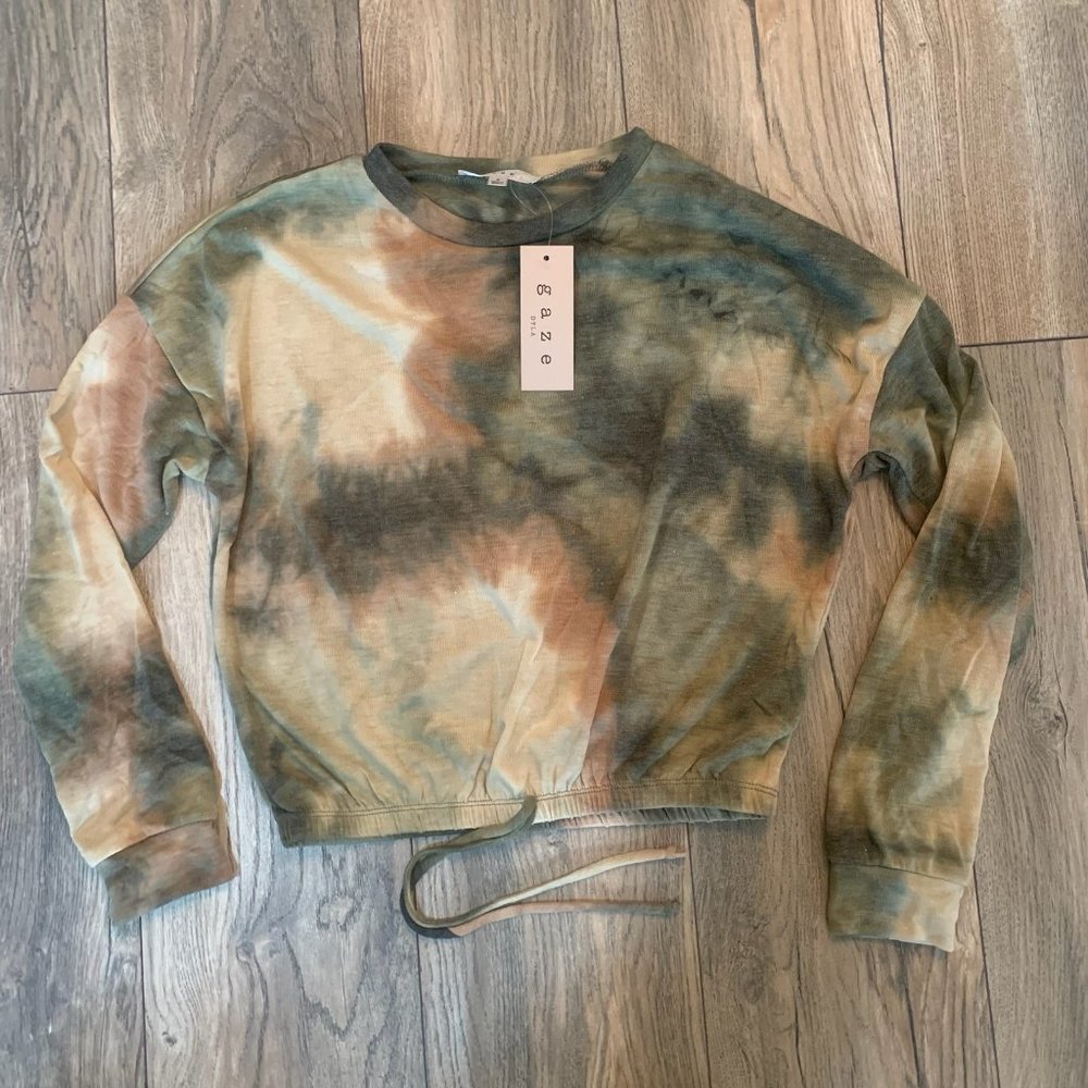 NWT GAZE WOMEN'S TIE DYE ELASTIC TIE‎ WAIST BLOUSE GREEN MULTI-COLORED SMALL